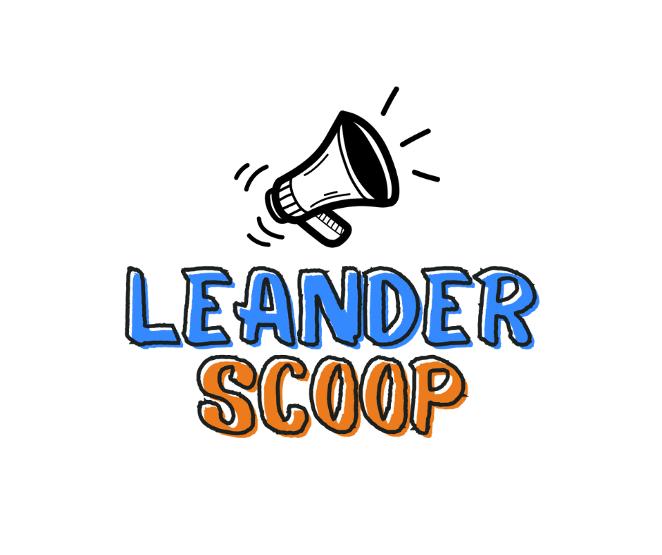 Logo for Leander Scoop news with megaphone above the words. Text is blue and orange.