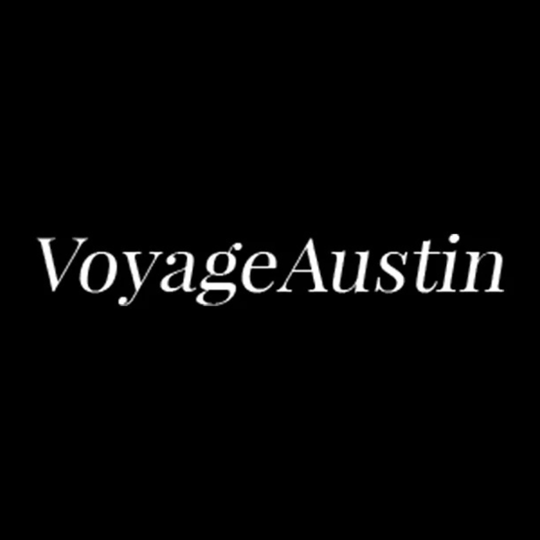VoyageAustin logo on a black background, white text.