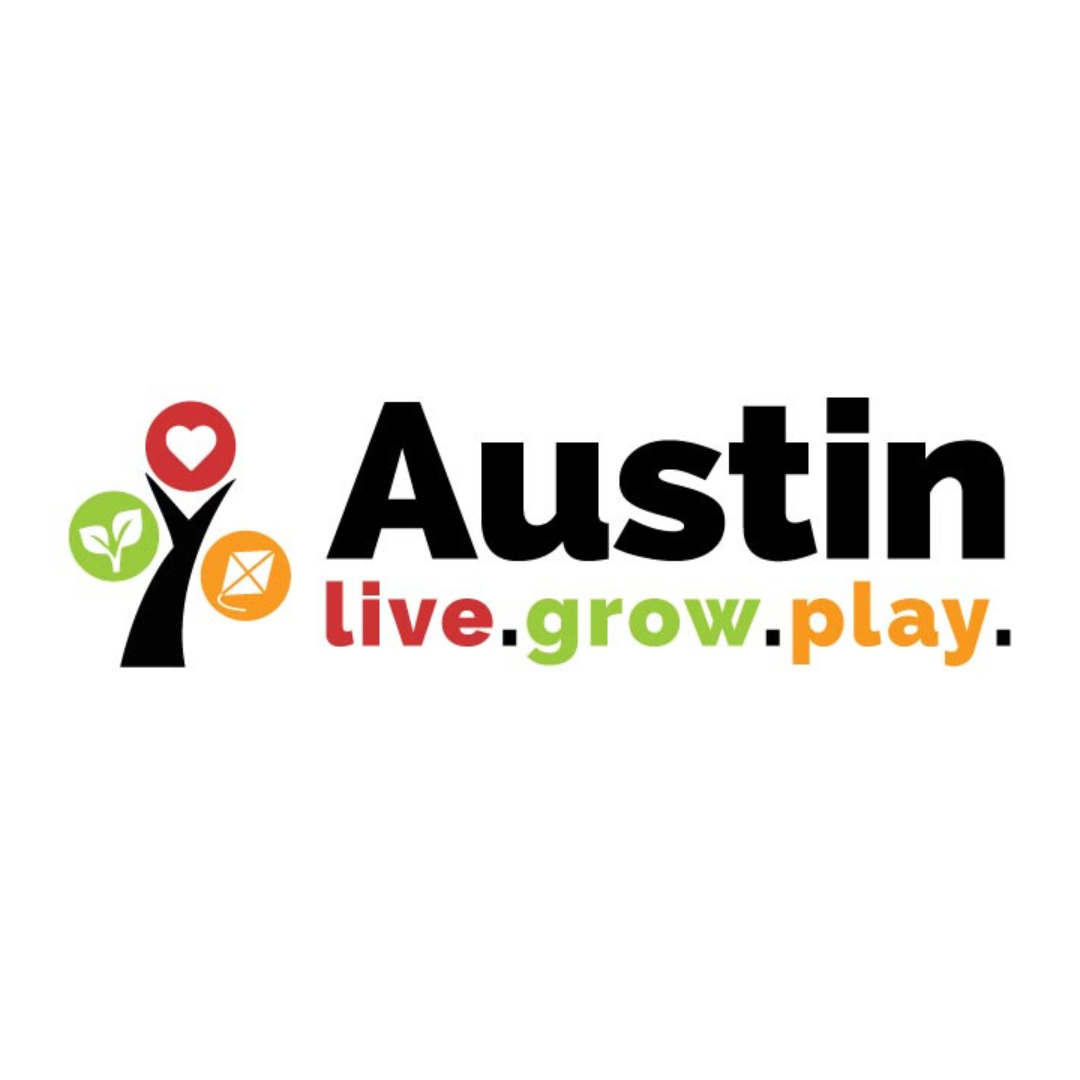 Austin live.grow.play. logo: black text with tree icon, red heart, green leaf, orange envelope.
