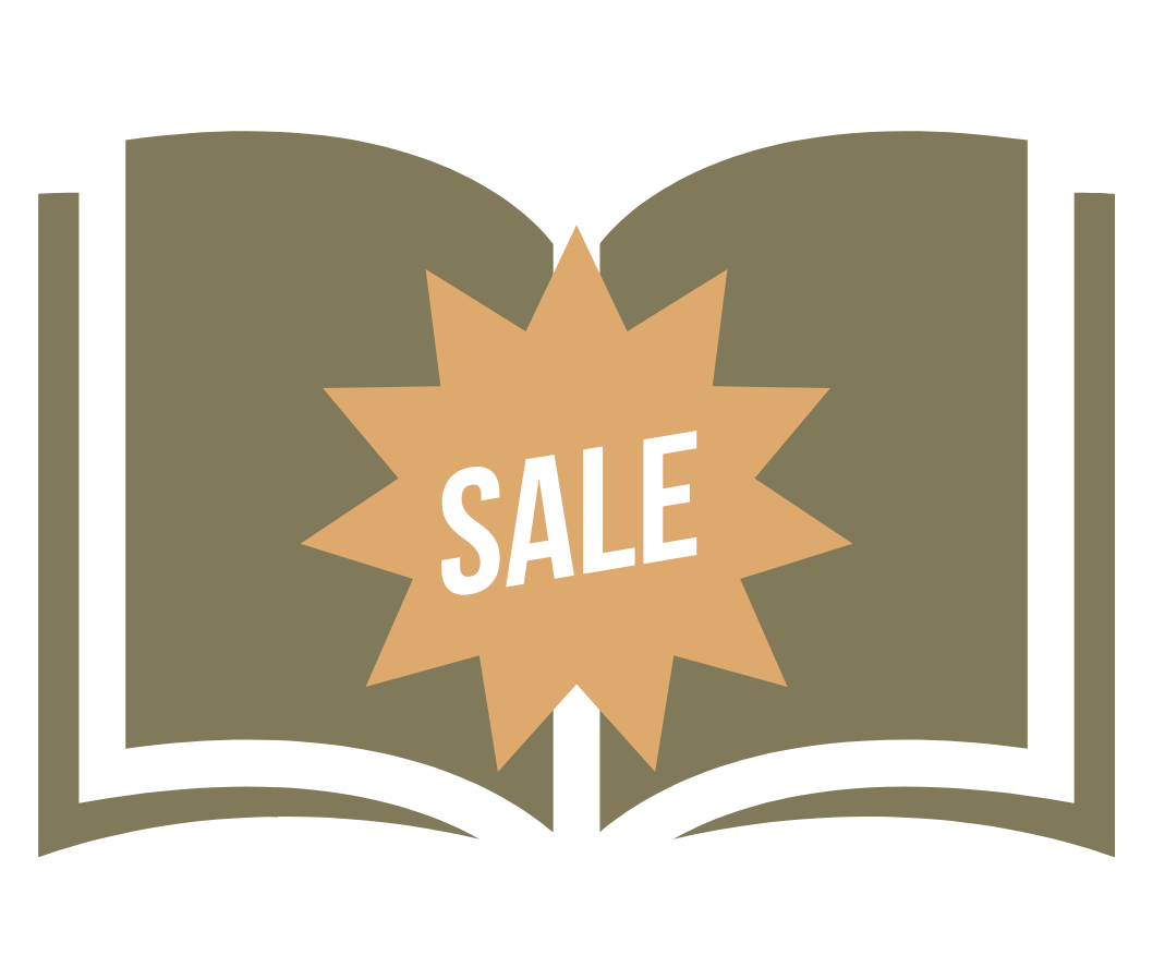 An open book with a sale sign on it.