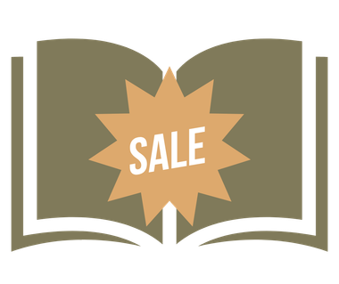 An open book with a sale sign on it.