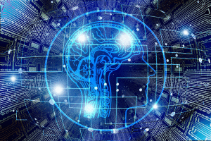 Digital brain graphic with circuit board background, glowing blue, representing artificial intelligence.