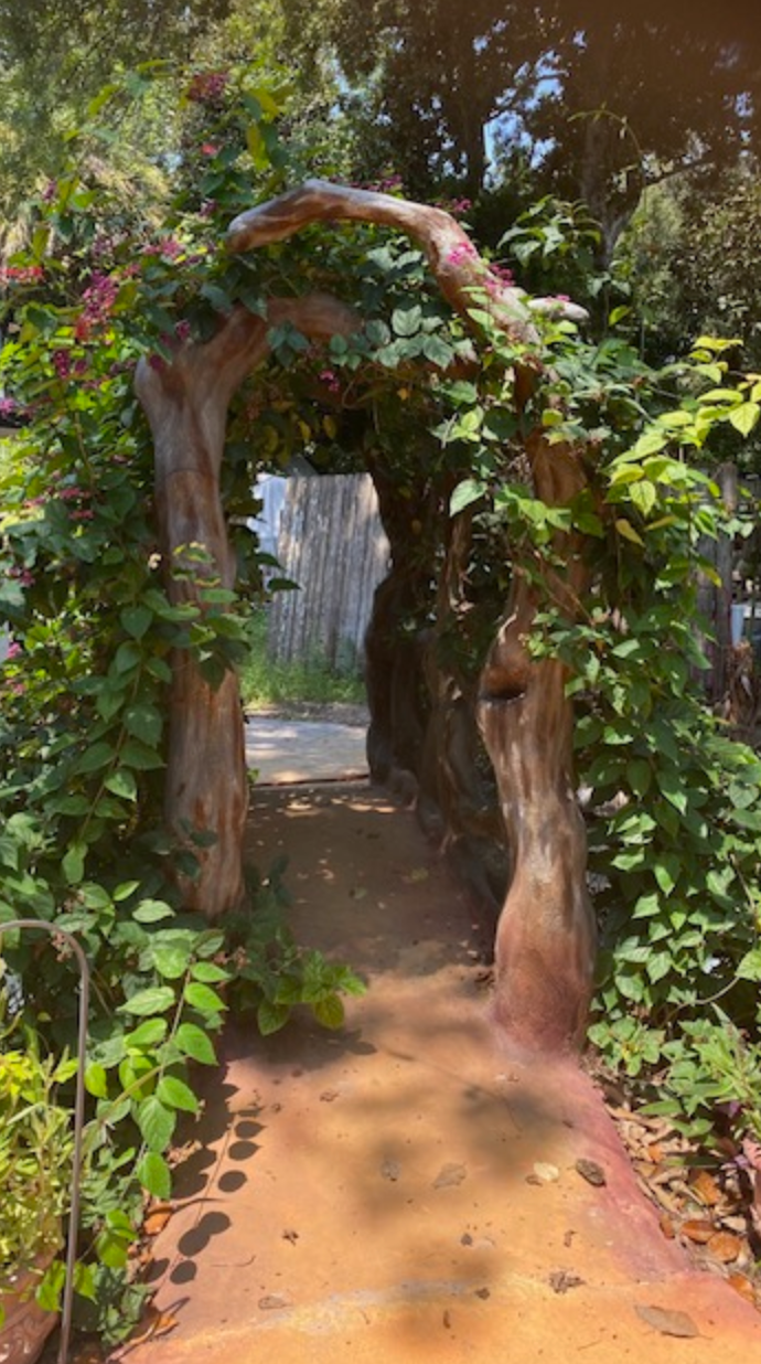 A wooden archway surrounded by trees and plants in a garden.