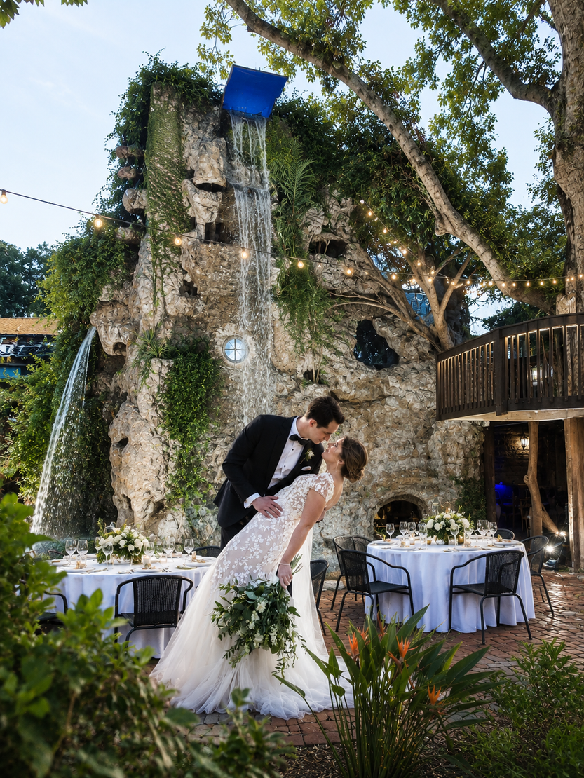couple by north courtyard waterfall