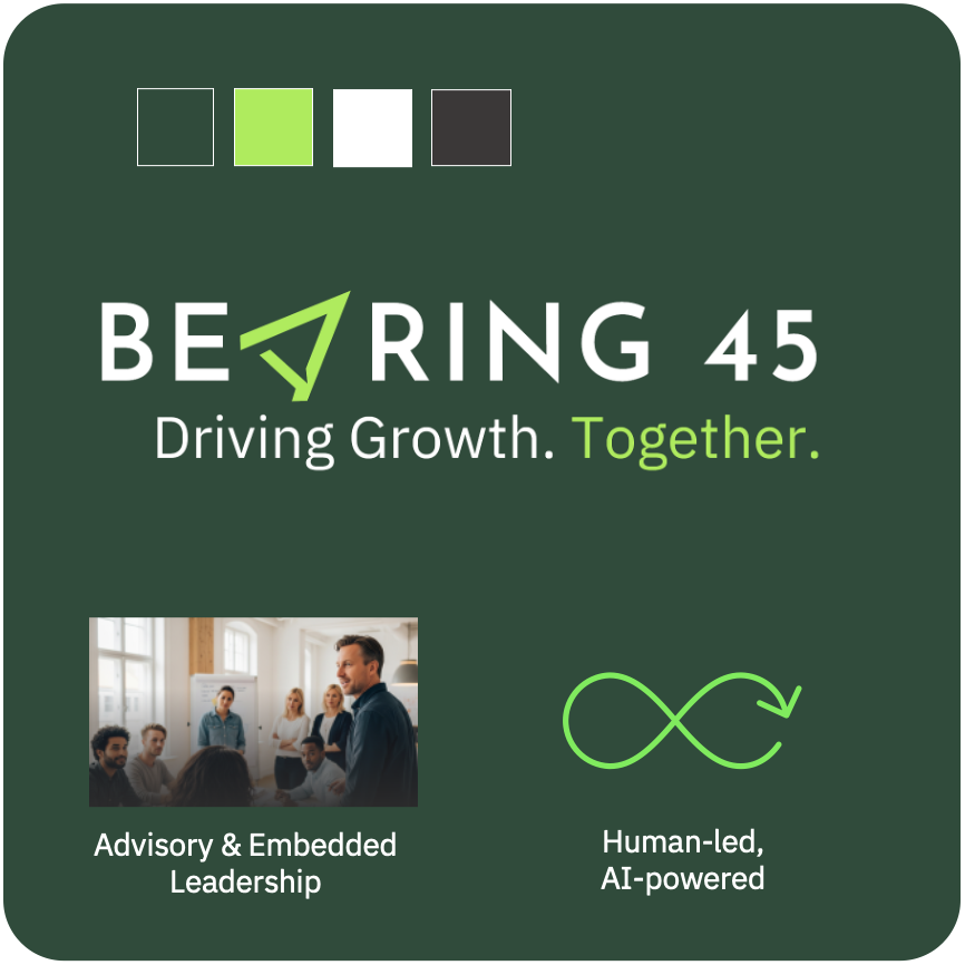 BEARING 45 logo with green theme, “Driving Growth. Together.” and advisory, embedded, AI-powered icons