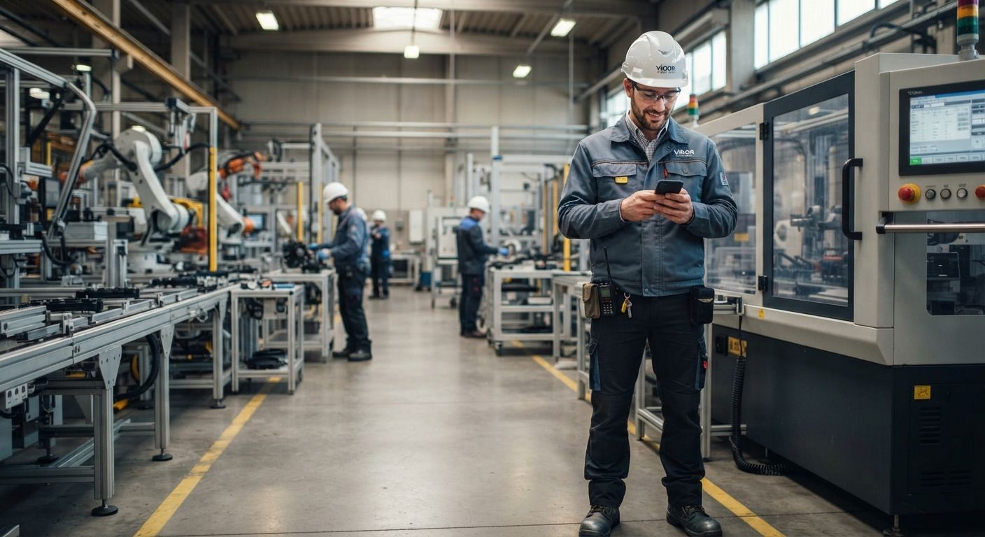 Factory worker in a hard hat checking a phone on a manufacturing floor with machinery and conveyors