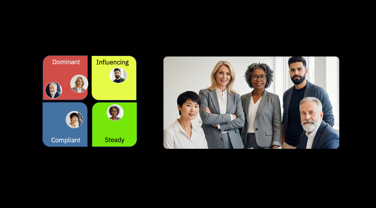 DiSC style chart with four colored quadrants: Dominant, Influencing, Compliant, and Steady, with five profile icons.