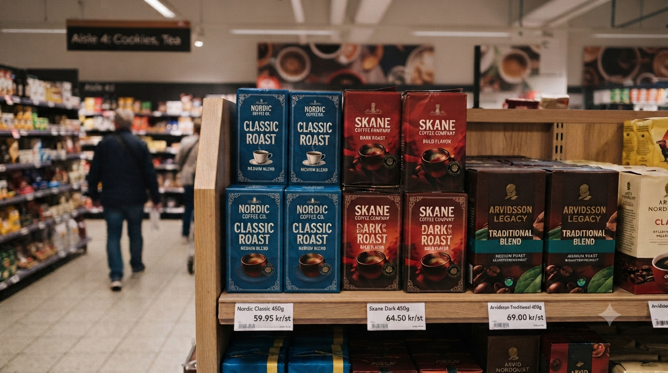 Tea boxes stacked on a grocery shelf in a store aisle, with shoppers blurred in the background