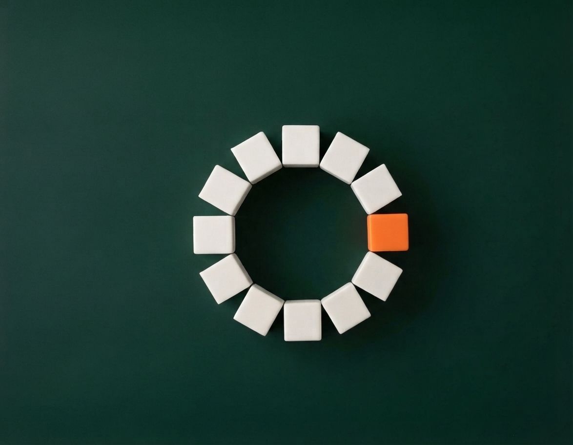 Loading spinner with white squares and one orange square on a dark green background