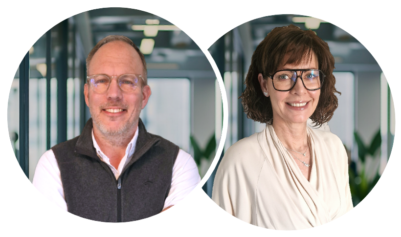 Two people in a circular design; man with glasses and smiling; woman with glasses and smiling.