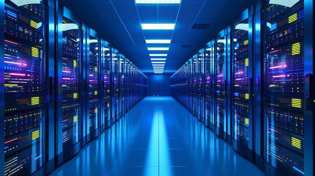 Server room with rows of glowing server racks in blue and purple light.