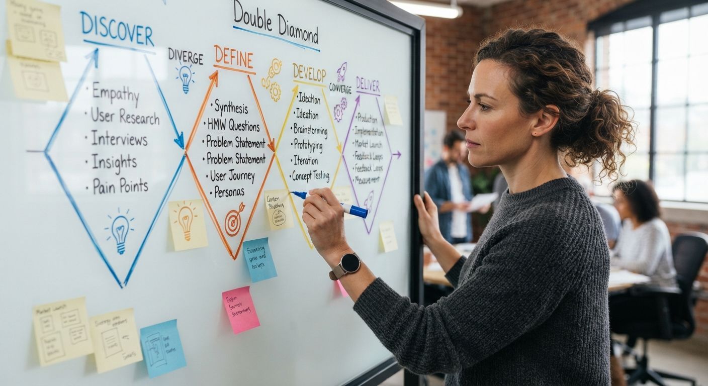 Woman presenting sticky notes on a whiteboard during a brainstorming session