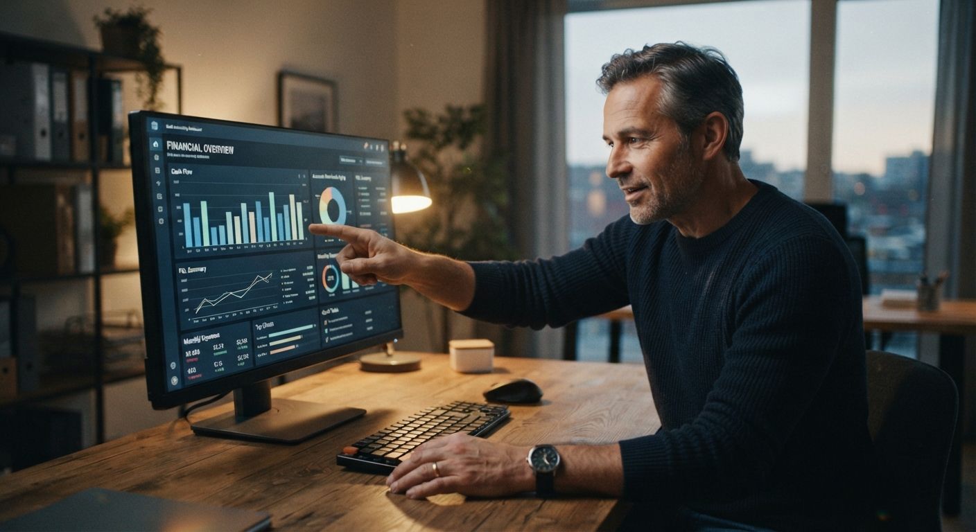 Man in a home office points at a monitor showing analytics charts and graphs.
