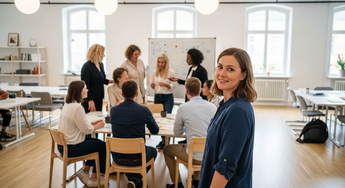 Workshop group in a bright classroom, with a woman in a blue shirt smiling at the camera.