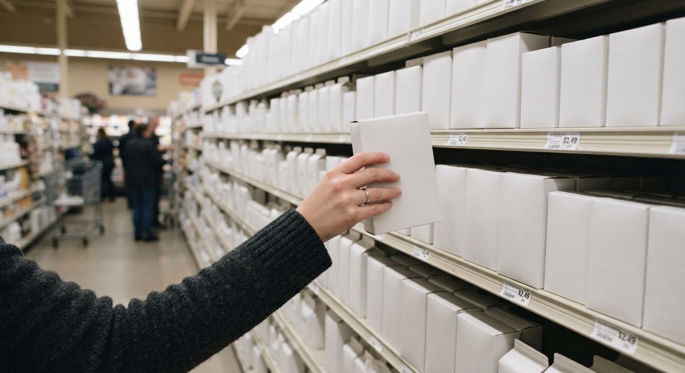 Person reaching for a white storage box on a shelf in an archive aisle