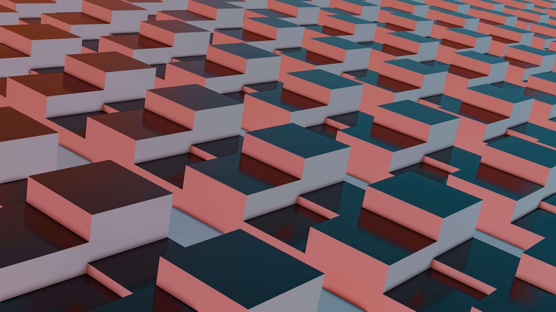 Abstract 3D grid of raised red and teal blocks on a dark background