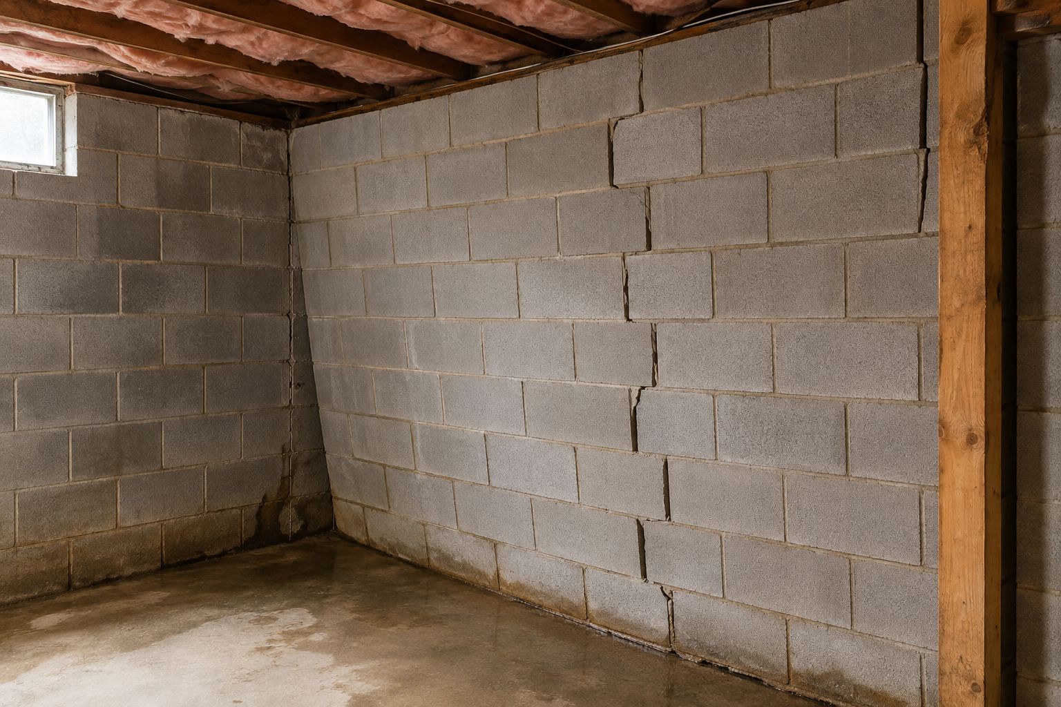 Empty cinder block room with exposed wooden beams and a concrete floor