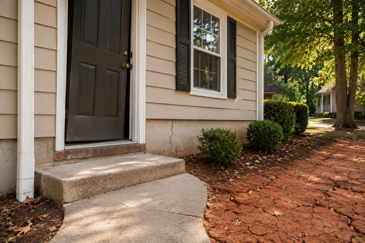Front porch with dark door, concrete step, and shrubs beside a beige house