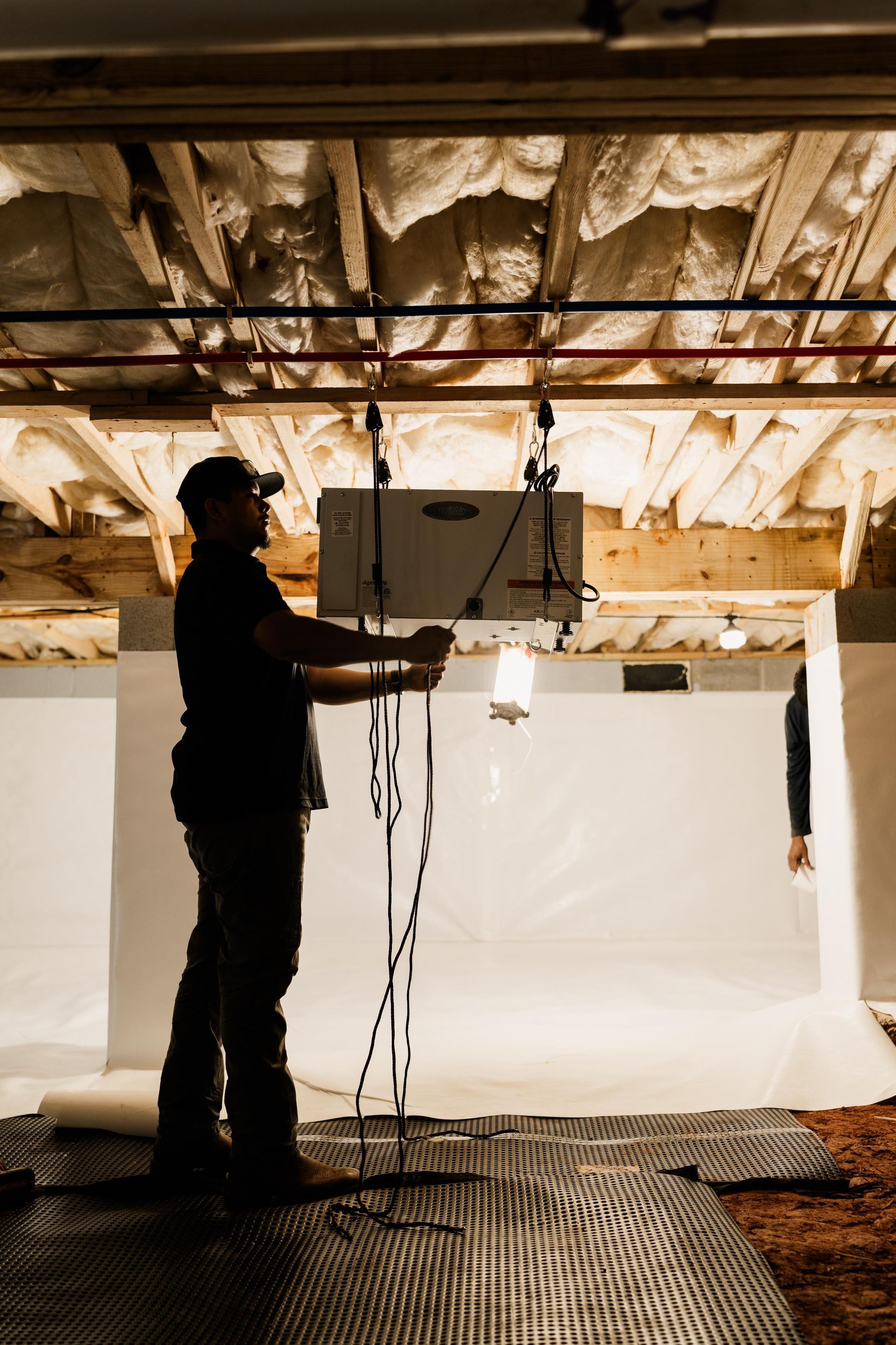 Worker installing insulation in a basement ceiling, with exposed beams and hanging wiring.