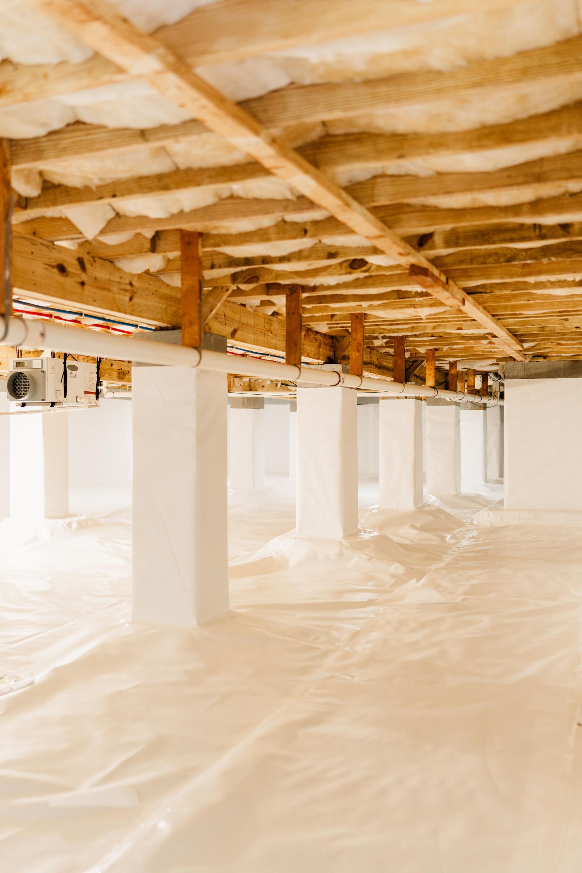 Insulated crawlspace with white plastic vapor barrier, white support posts, and exposed wooden beams overhead