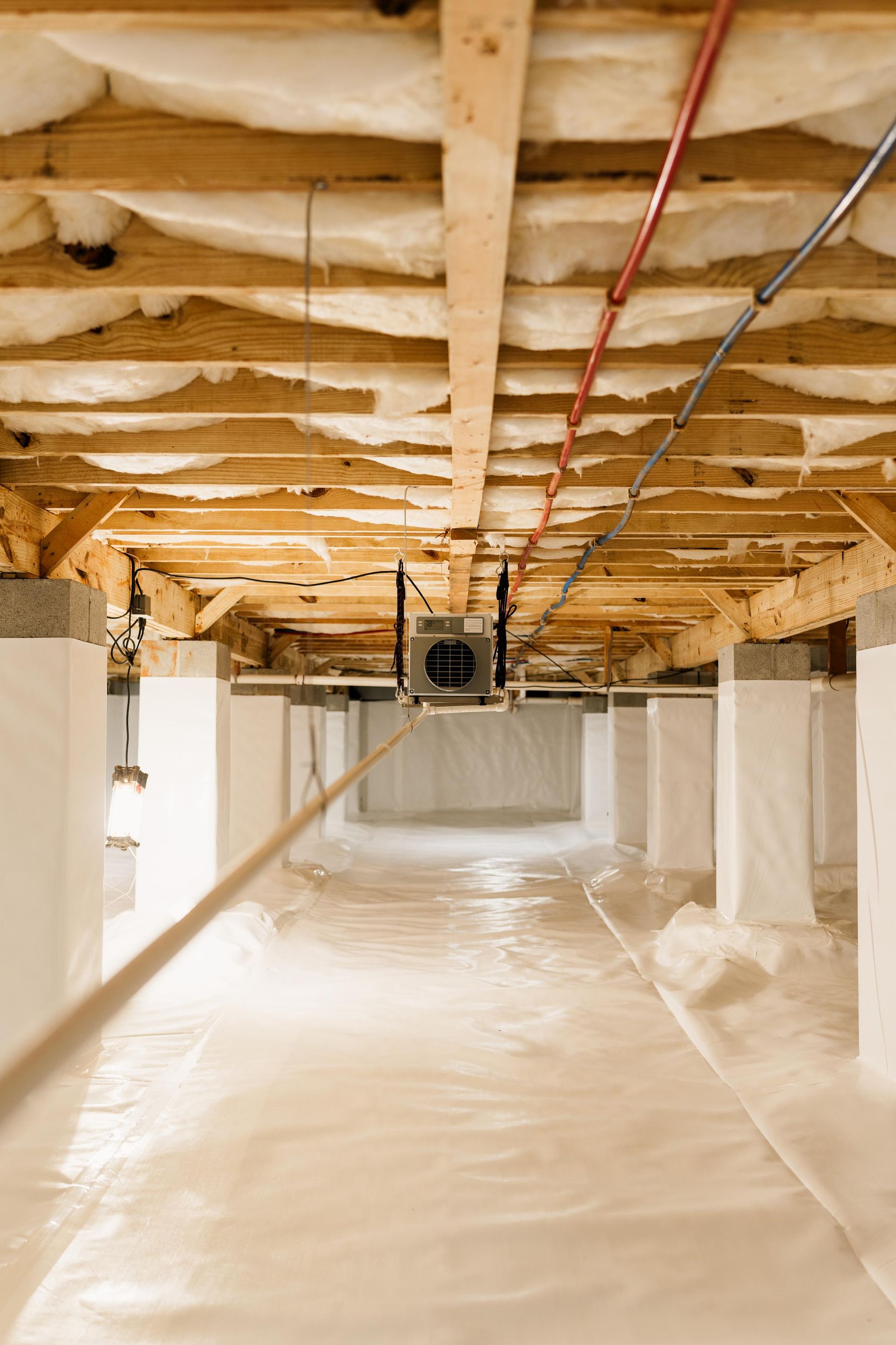 Crawlspace under a house with exposed beams, pipes, and plastic-covered floor insulation