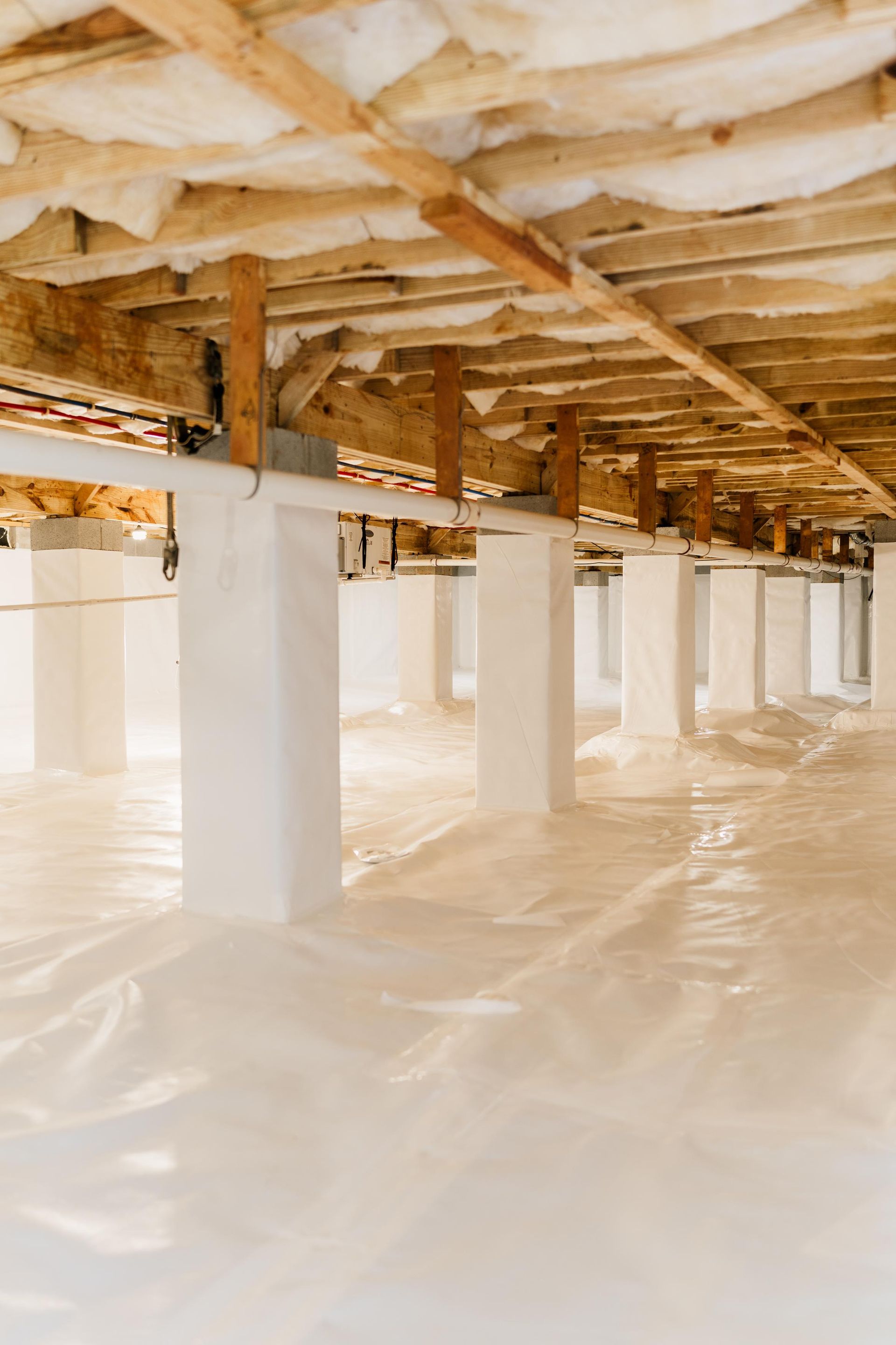 Insulated crawlspace with white vapor barrier, exposed wooden joists, and support posts