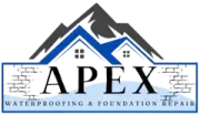 Logo for Apex Waterproofing & Foundation Repair: blue roof, mountain, brick border, text "APEX".