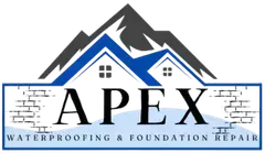 Logo for Apex Waterproofing & Foundation Repair: blue roof, mountain, brick border, text "APEX".