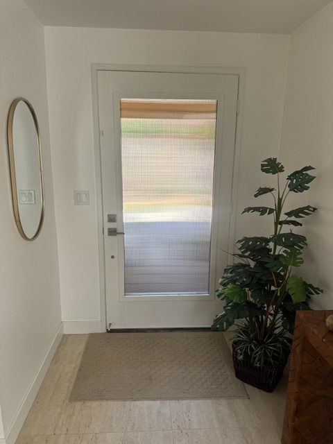 Entryway with white door, mirror, and plant; light-colored flooring and doormat; white walls.