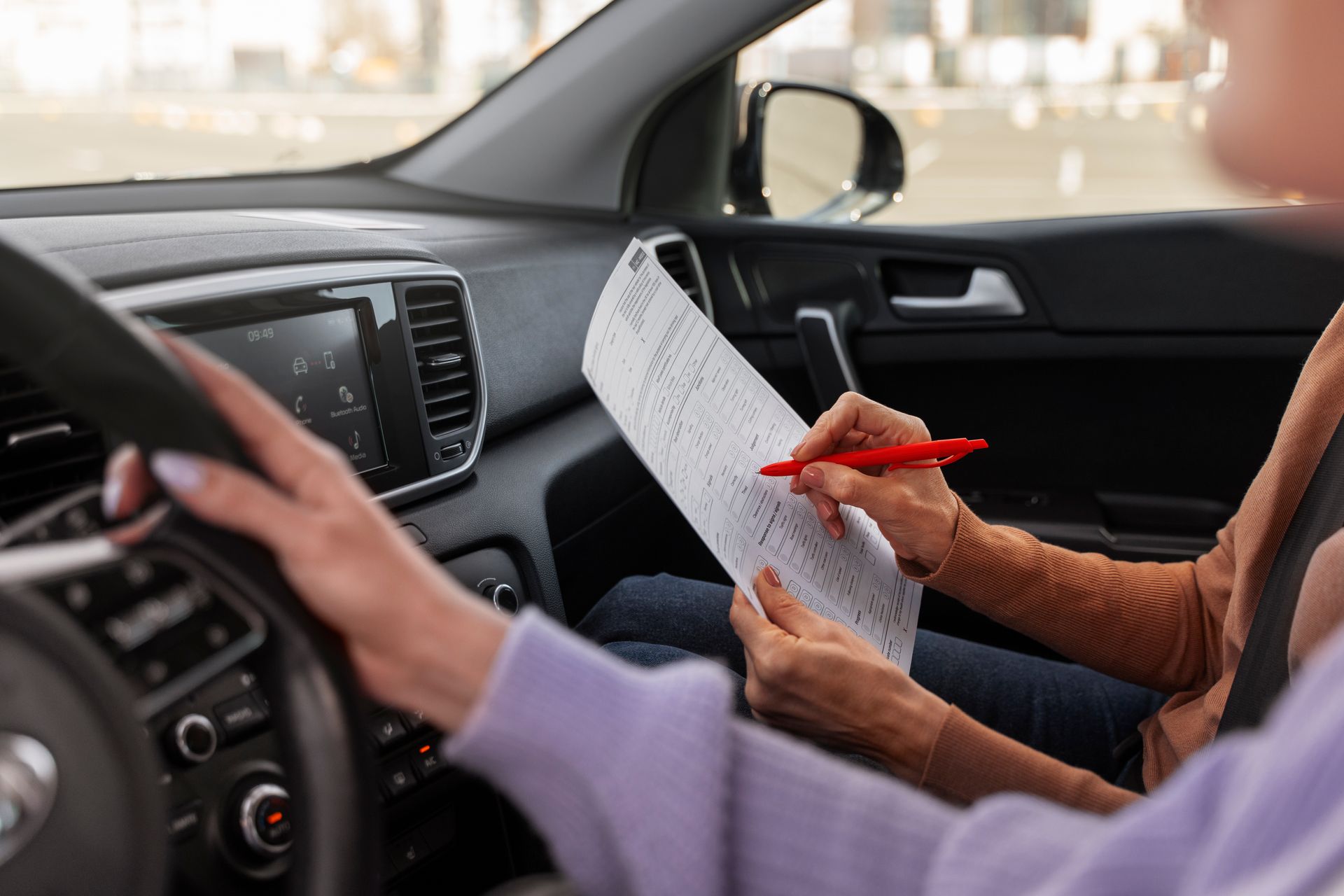 Driver and passenger reviewing a paper map inside a car, with the passenger holding a red pen.