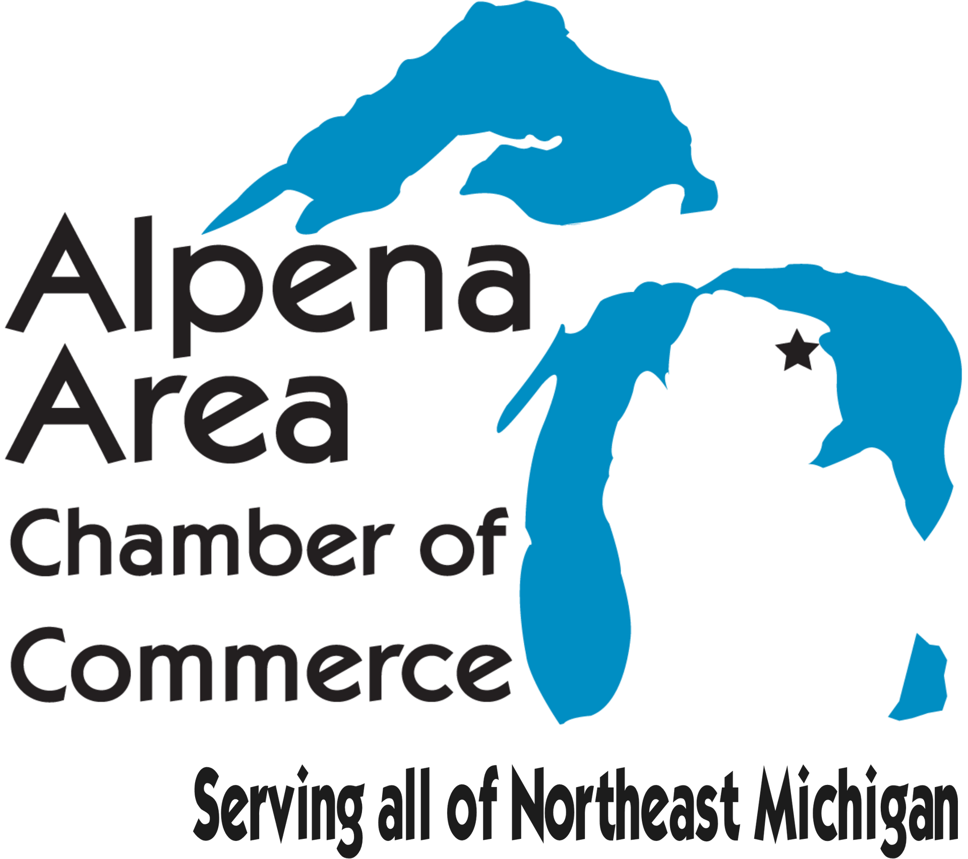 Alpena Area Chamber of Commerce logo with blue map of Michigan and star, text