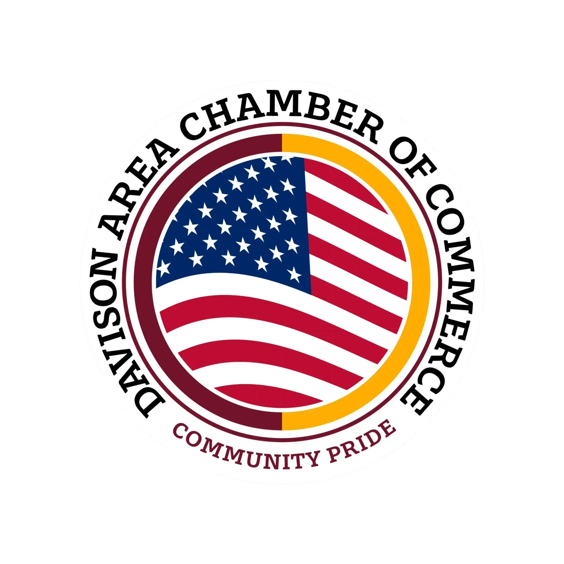 Davison Area Chamber of Commerce logo with the American flag in a circle, and maroon and gold accents.