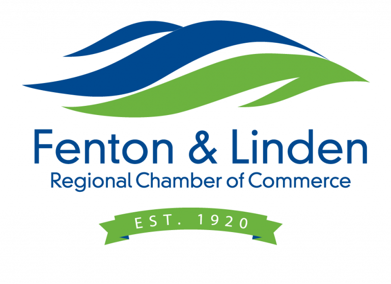 Fenton & Linden Regional Chamber of Commerce logo: blue and green stylized hills above text and green ribbon.