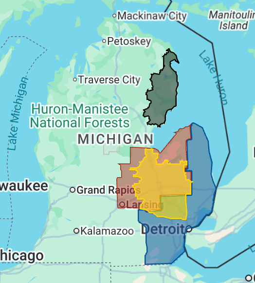 Map of Michigan with colored highlighted regions and lake outlines over labeled cities