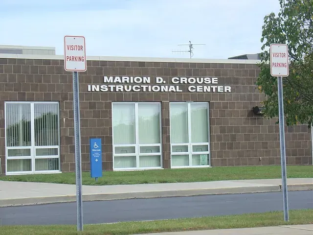 Marion D. Crouse Instructional Center building with visitor parking signs and a handicap parking sign.