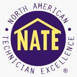 NATE logo: Purple circle with yellow text and house graphic,