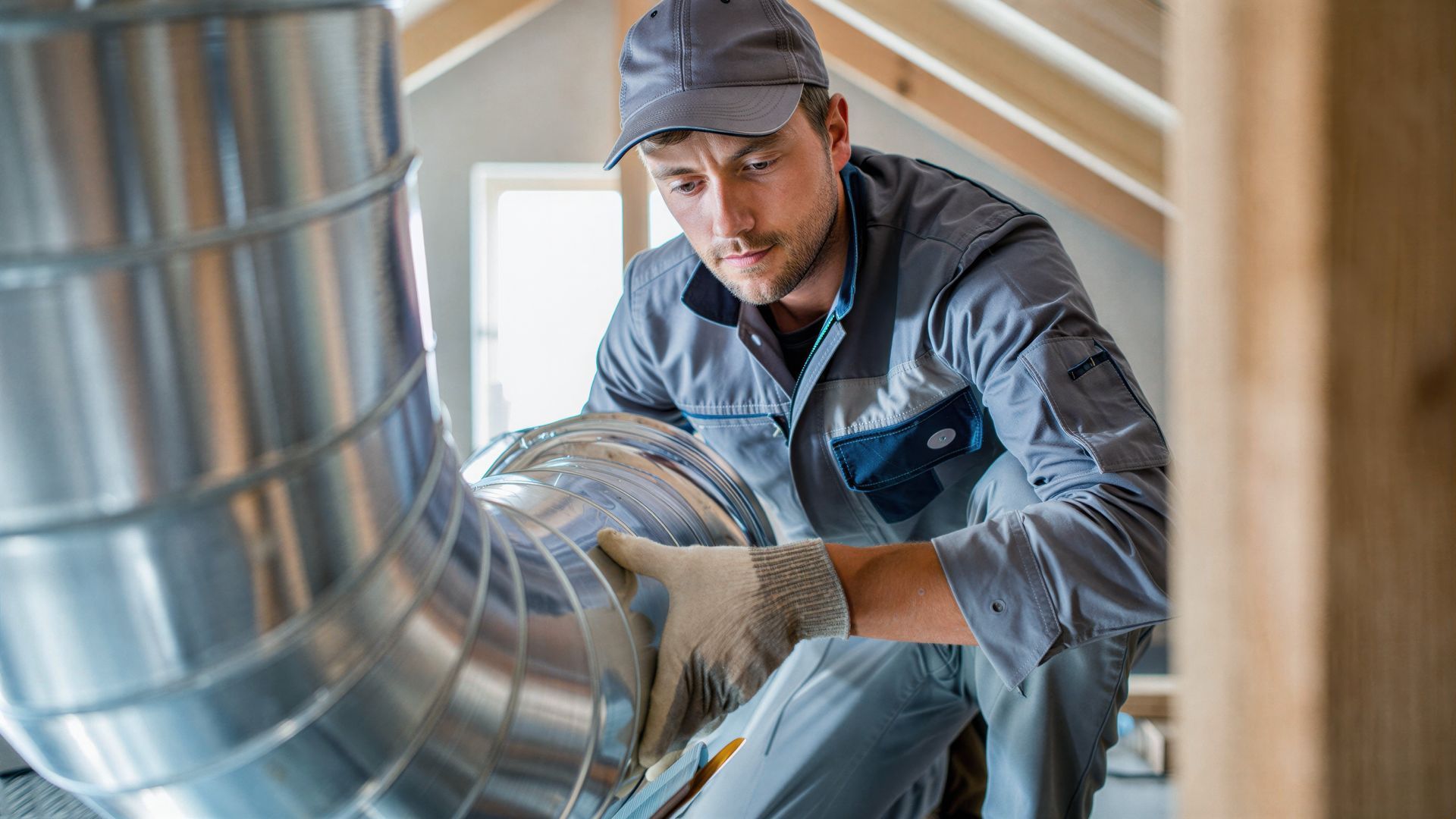 Skilled HVAC technician installing metal ductwork in attic. Skilled HVAC technician installing metal ductwork in attic.