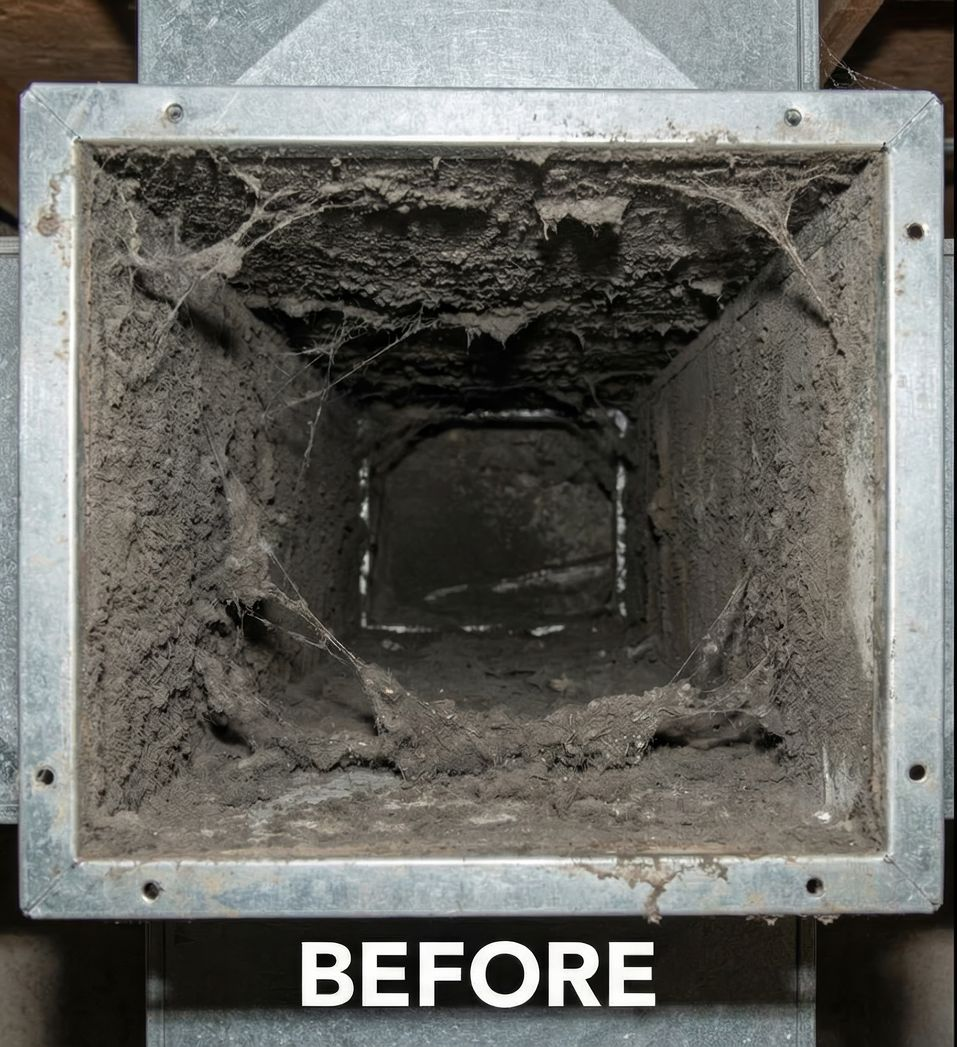 Before and after results of a professional residential air duct cleaning service.