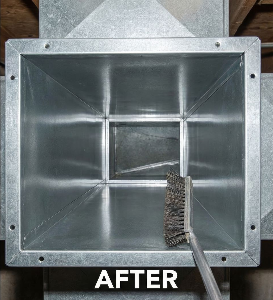 Before and after results of a professional residential air duct cleaning service.
