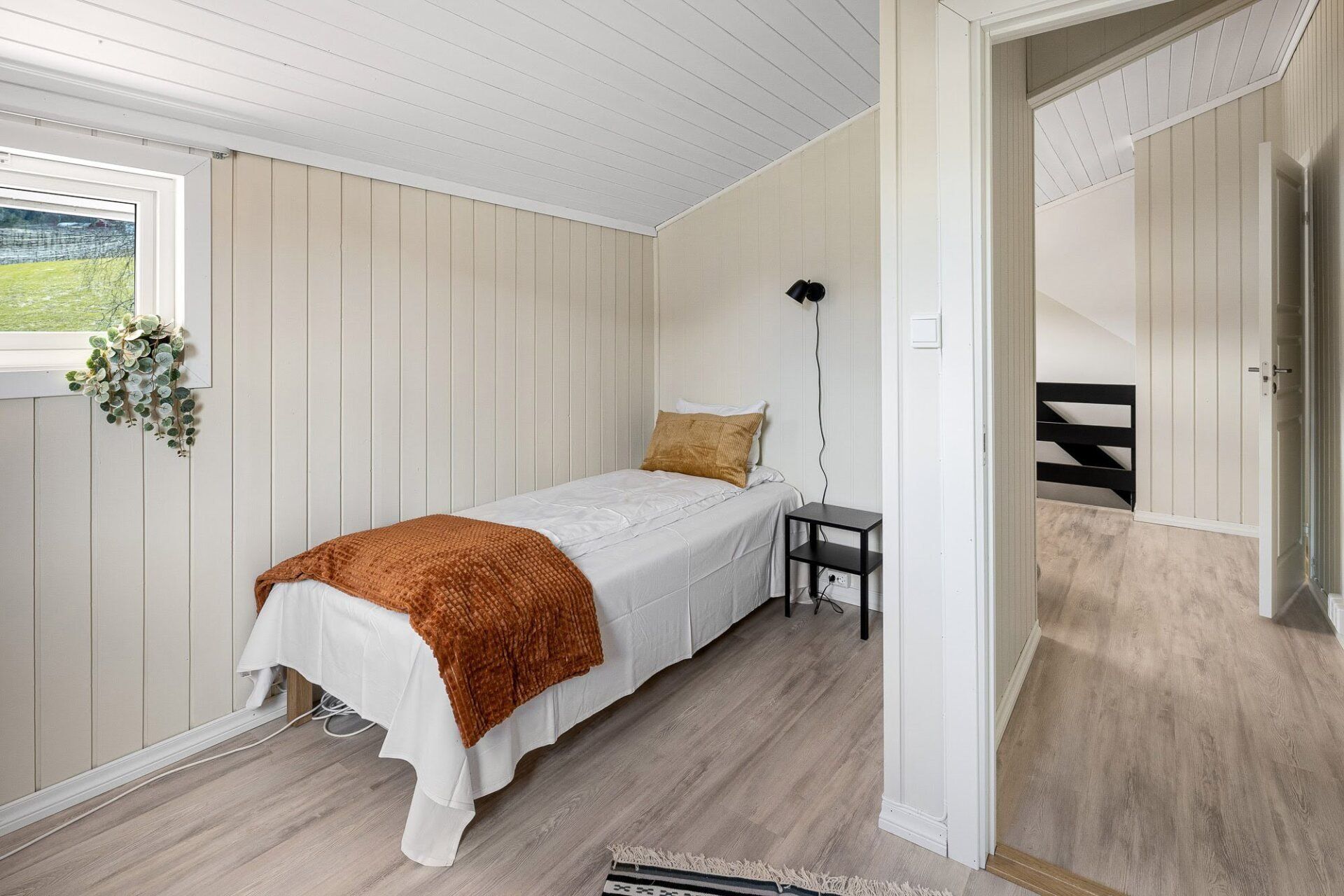 Cozy bedroom with a single bed, white paneled walls, and a window with hanging greenery