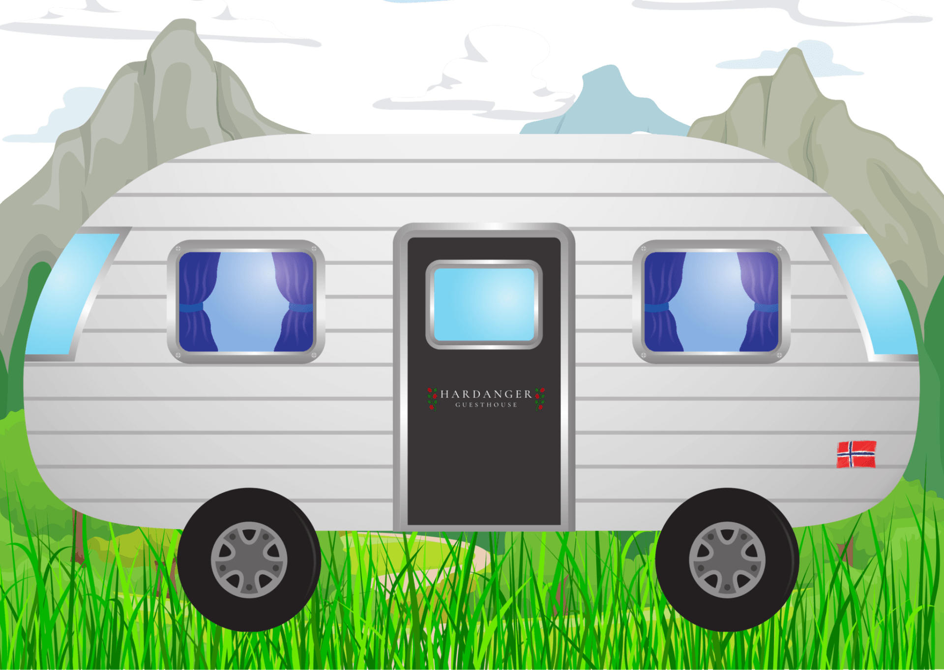 White camper trailer with blue windows, black door, and wheels on grass with mountains in the background