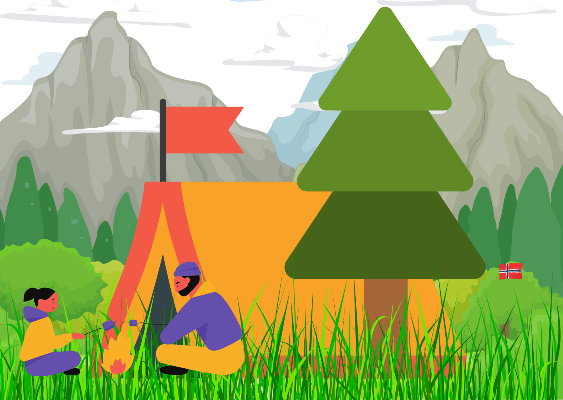 Campers beside an orange tent and green pine tree in a mountain meadow