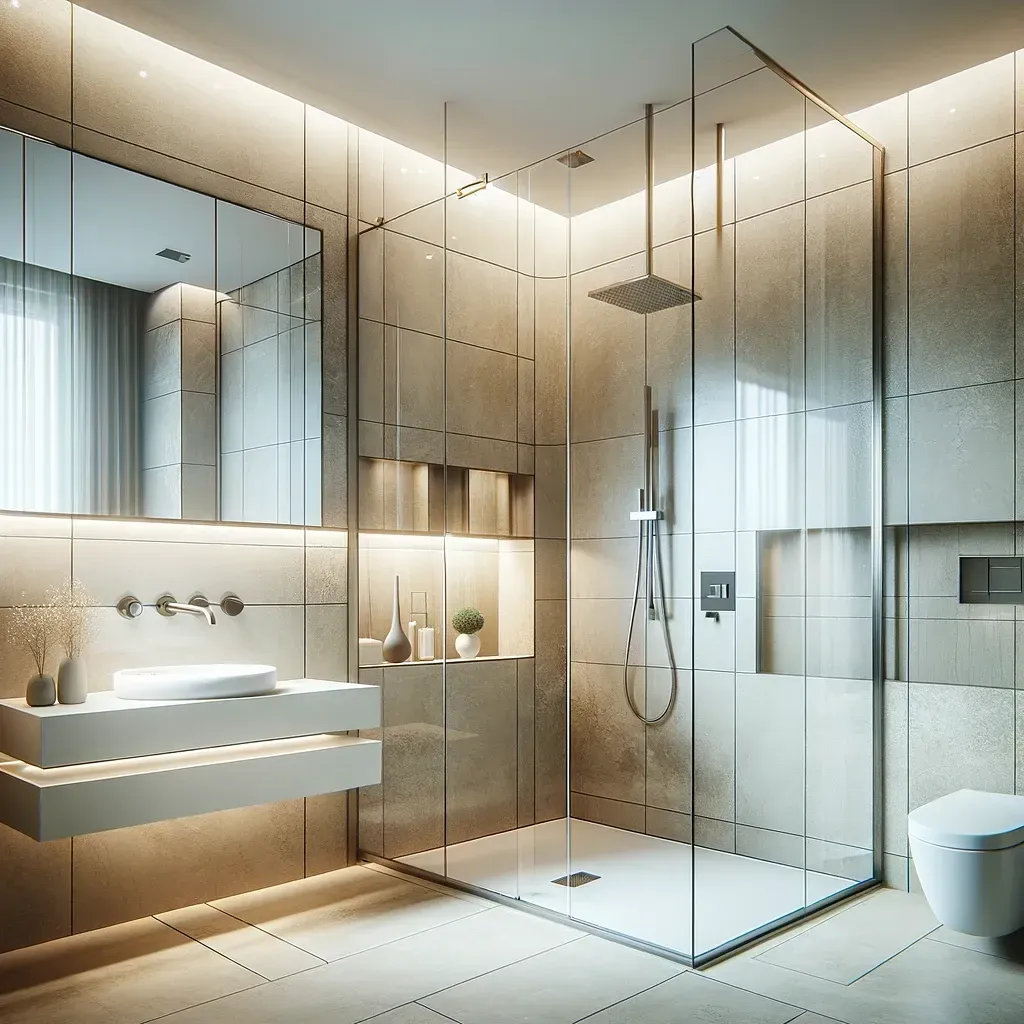 A bathroom with a walk in shower and a sink