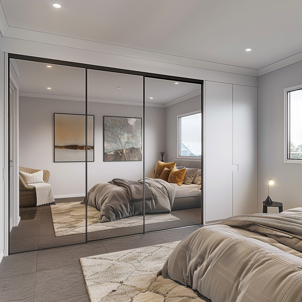 A bedroom with a bed and a large mirrored wardrobe.