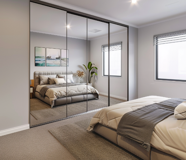 A bedroom with a large bed and sliding glass doors
