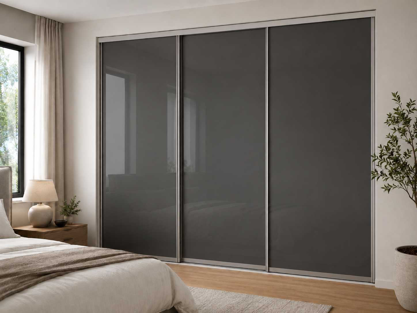 A bedroom with sliding glass doors leading to a walk in closet.