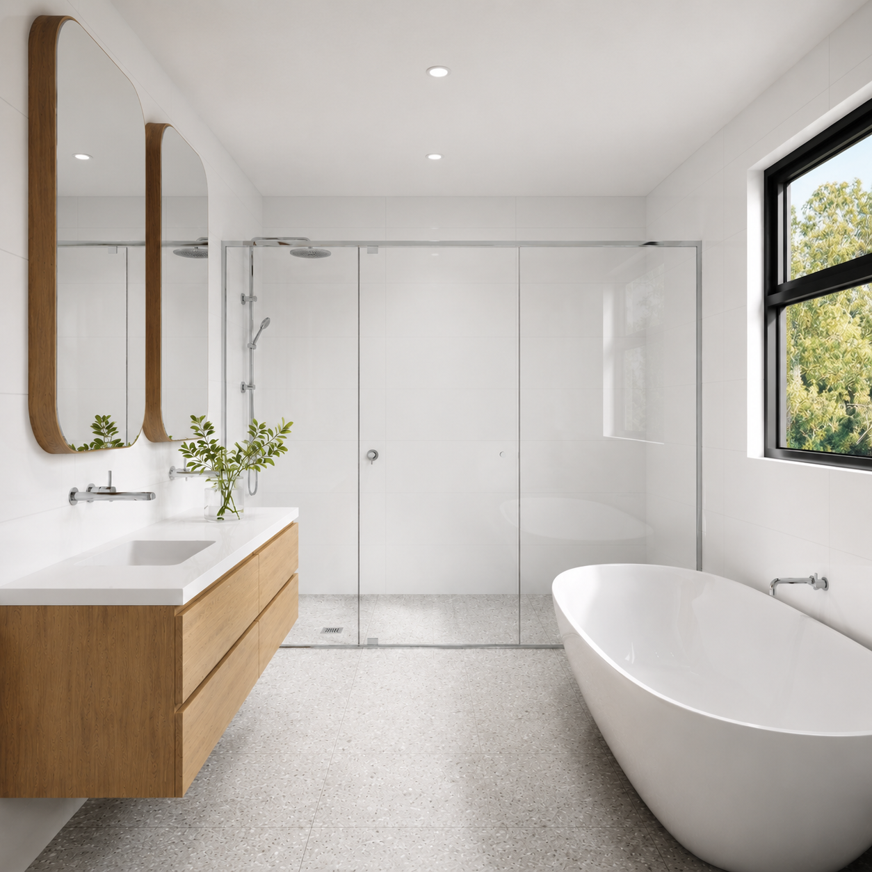A bathroom with a walk in shower , toilet , sink and mirror.