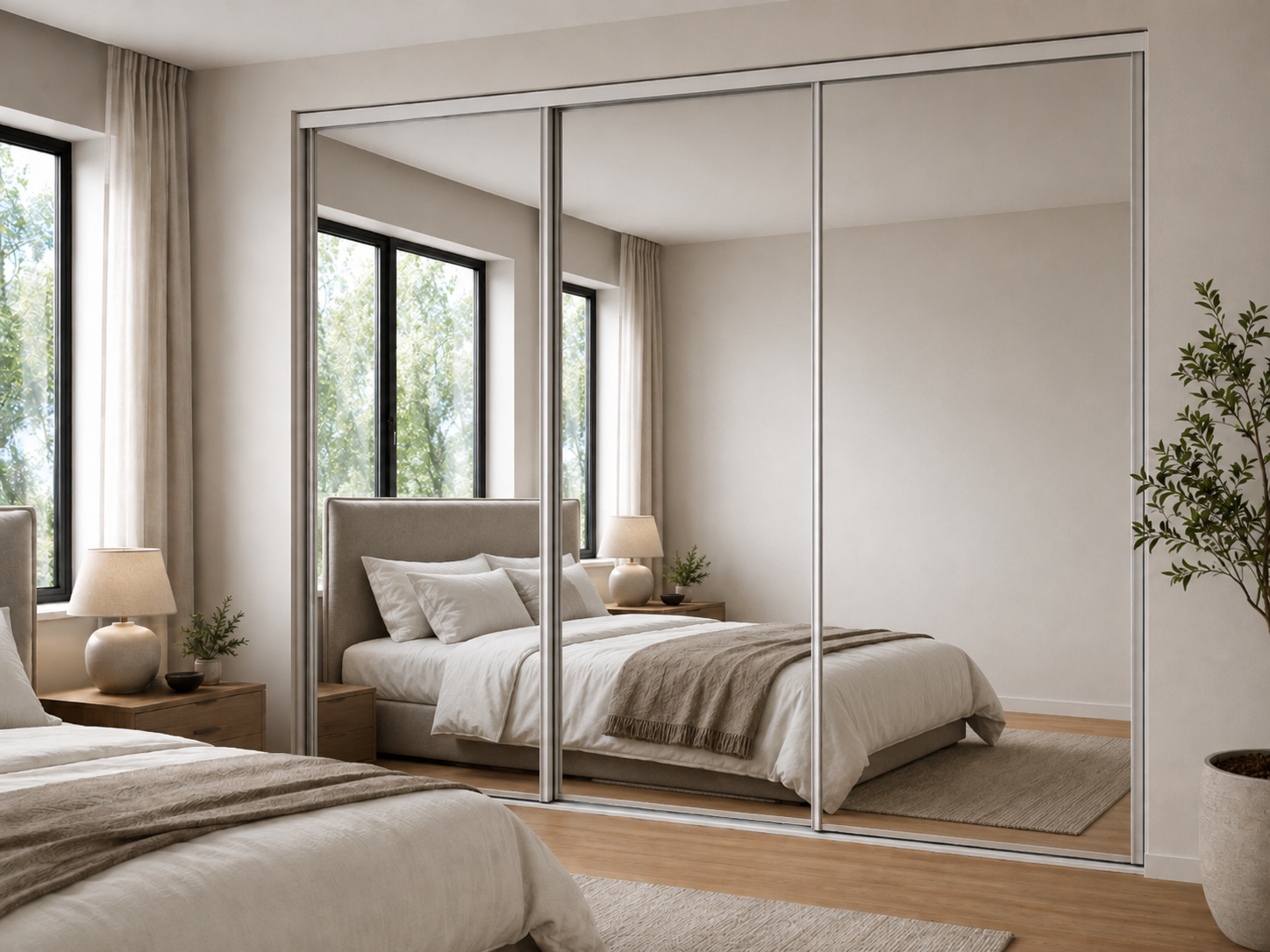 A bedroom with a bed and a large mirrored wardrobe.