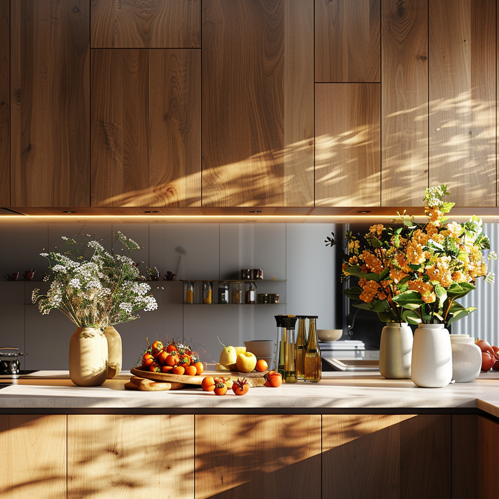 A kitchen counter with flowers and fruit on it