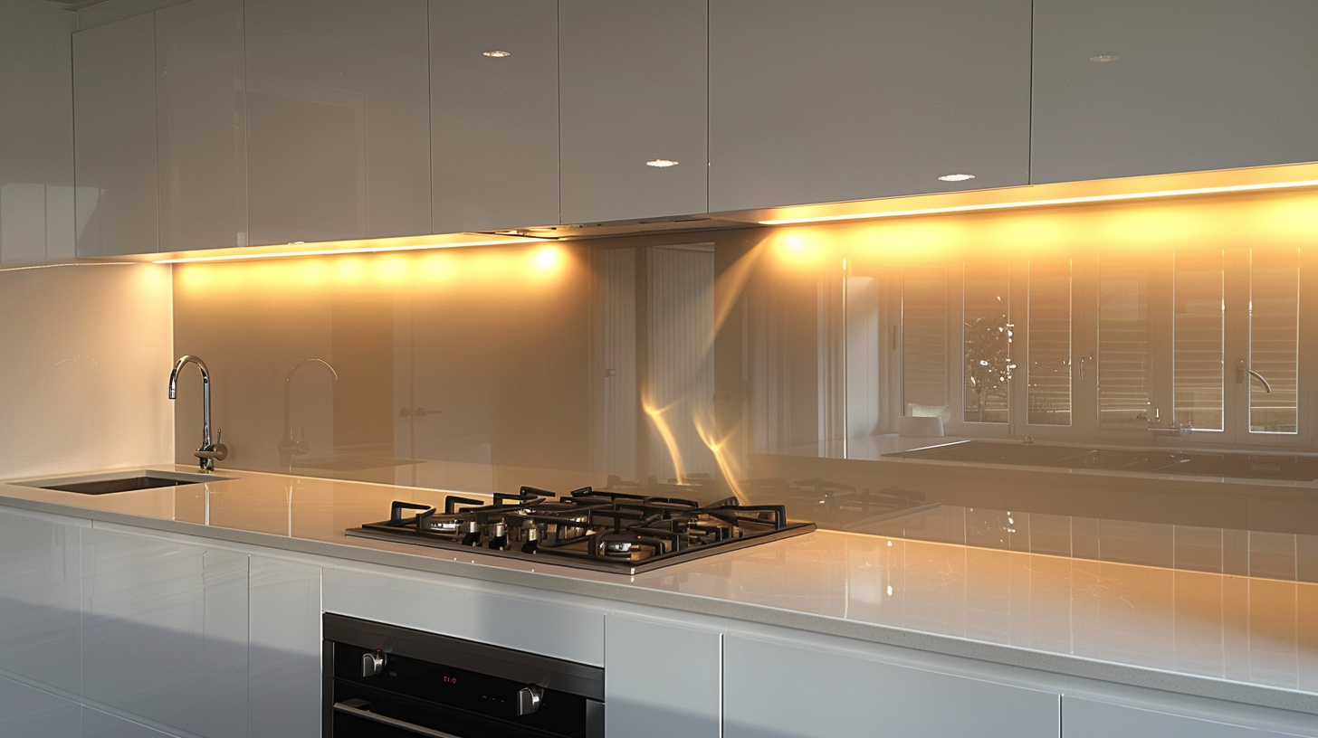 A kitchen with white cabinets and a stove top oven.